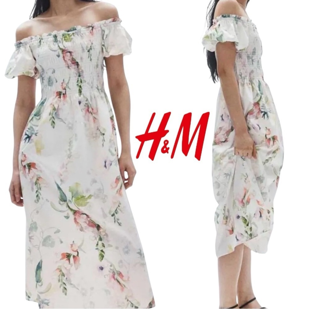 H&M Off-The-Shoulder Poplin Floral Midi Dress – White/Pink/Green Sz L